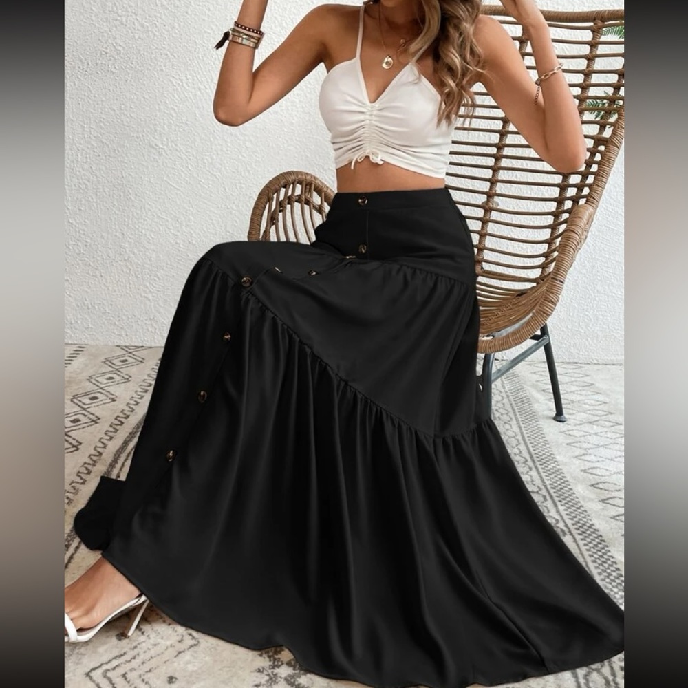 Boho dusty pink button detail ruffle hem maxi skirt - Picture 6 of 16